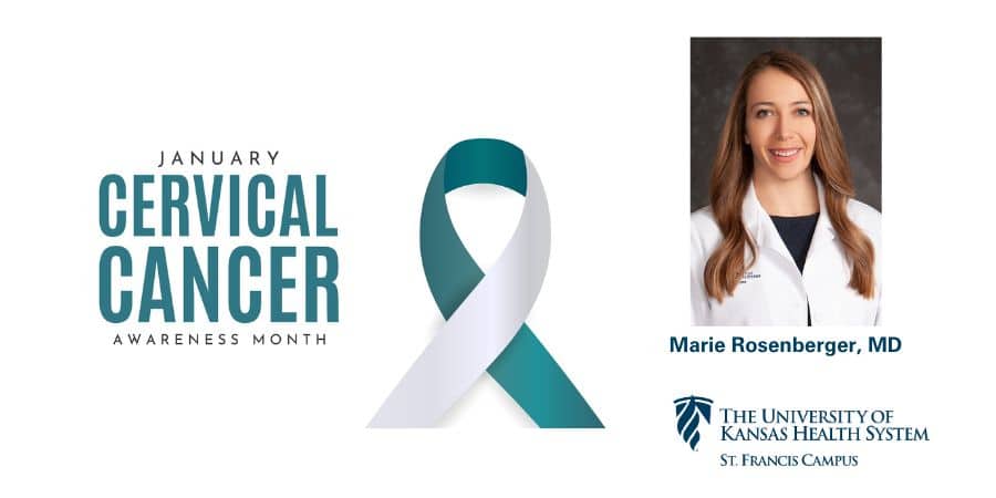 Happy female doctor headshot next to the words "Cervical Cancer Awareness month"
